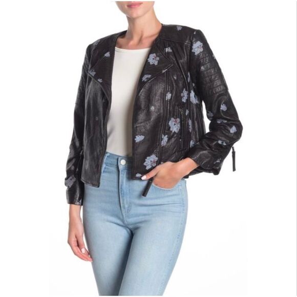 Joie Thisbe Moto Floral Lamb Leather Jacket Caviar Black Size XXS - Picture 12 of 12